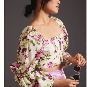 En Saison Anthropologie Floral Puff Sleeve Crop Top Size XS